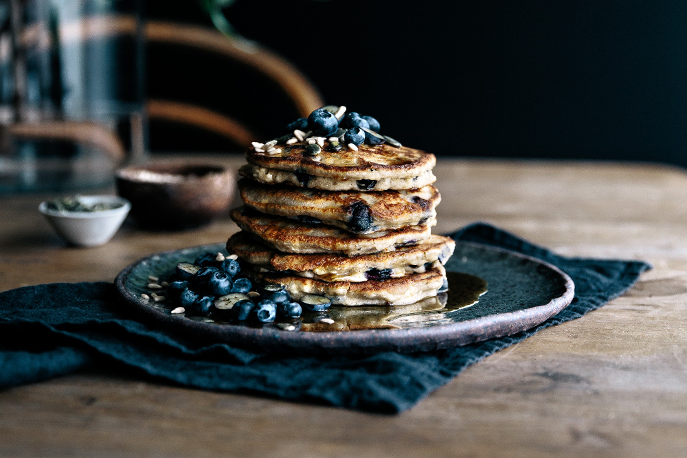 Buckwheat Blueberry & Ricotta Hotcakes with Maple & Seeds  |  Gather & Feast