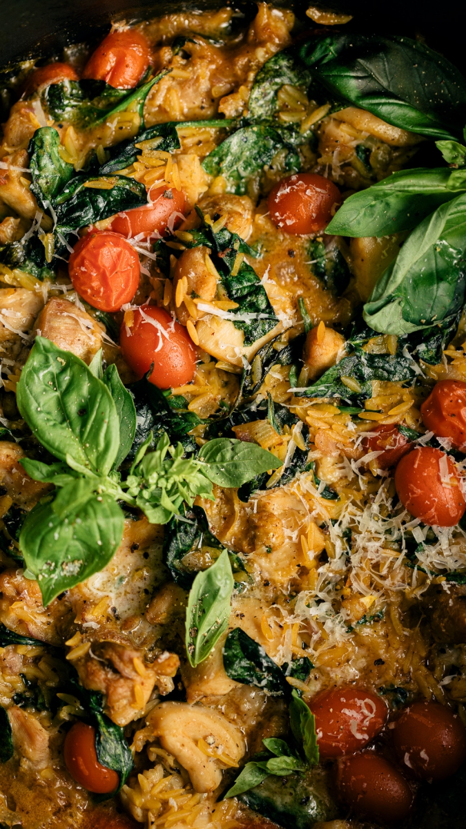 Buttered Tomato, Basil & Chicken Orzo Bake  |  Gather & Feast