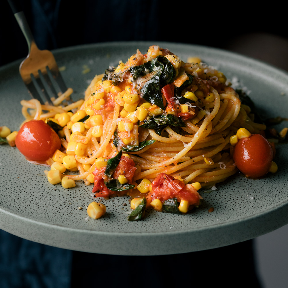 Cherry Tomato & Fresh Corn Spaghetti with Basil & Lemon  |  Gather & Feast