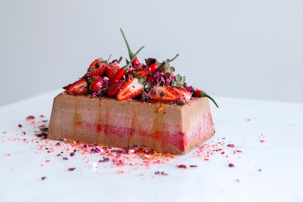 Chocolate Semifreddo with Chili, Strawberry, Olive Oil & Rose  |  Gather & Feast