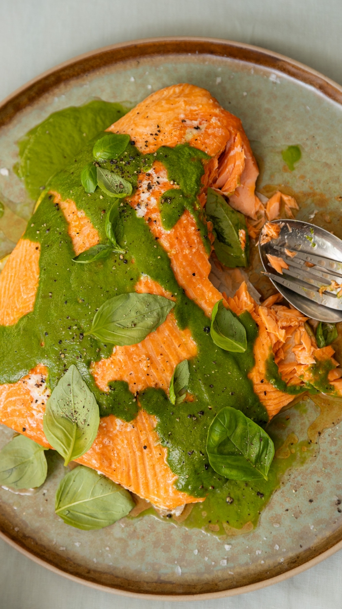 Citrus & Olive Oil Slow-Baked Salmon with Basil Vinaigrette | Gather & Feast