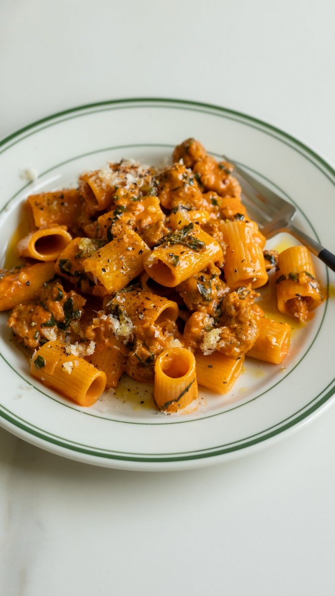 Creamy Tomato, Sausage & Fennel Mezze Maniche | Gather & Feast