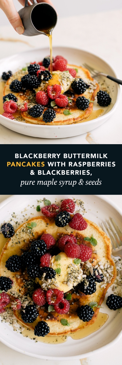 Blackberry Buttermilk Pancakes Topped with Raspberries & Blackberries, Pure Maple Syrup & Seeds  |  Gather & Feast