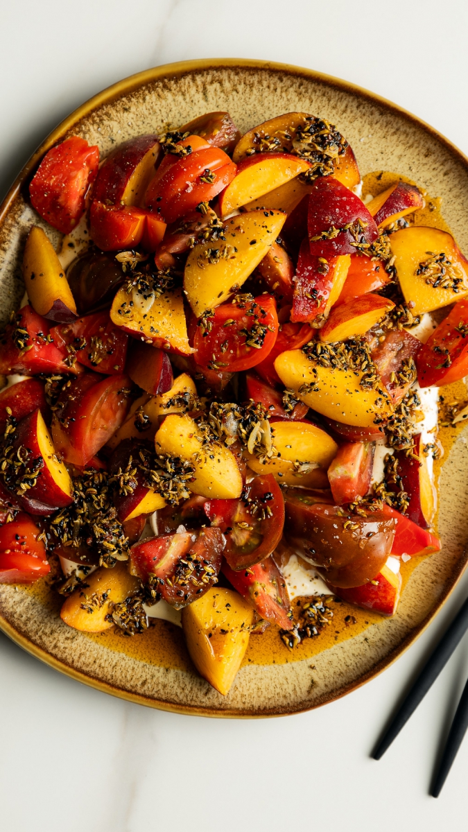 Fresh Tomatoes & Peaches with a Sizzled Fennel Seed & Chili Olive Oil Dressing | Gather & Feast
