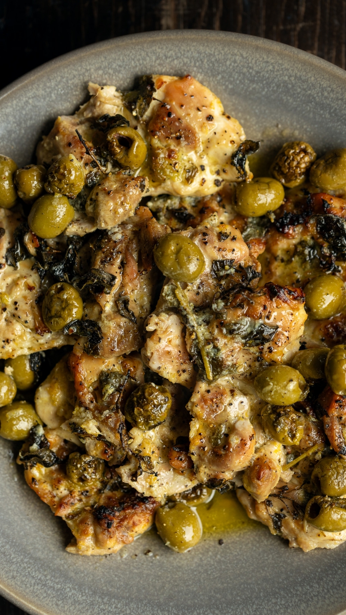 Lemon, Green Olive & Oregano Chicken with Olive Oil Flatbreads | Gather & Feast