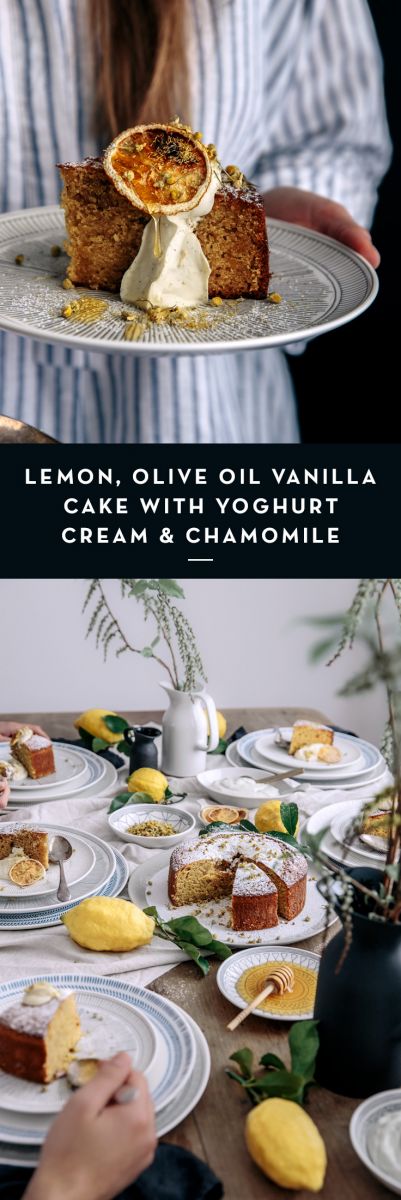 Lemon, Olive Oil Vanilla Cake with Yoghurt Cream & Chamomile  |  Gather & Feast