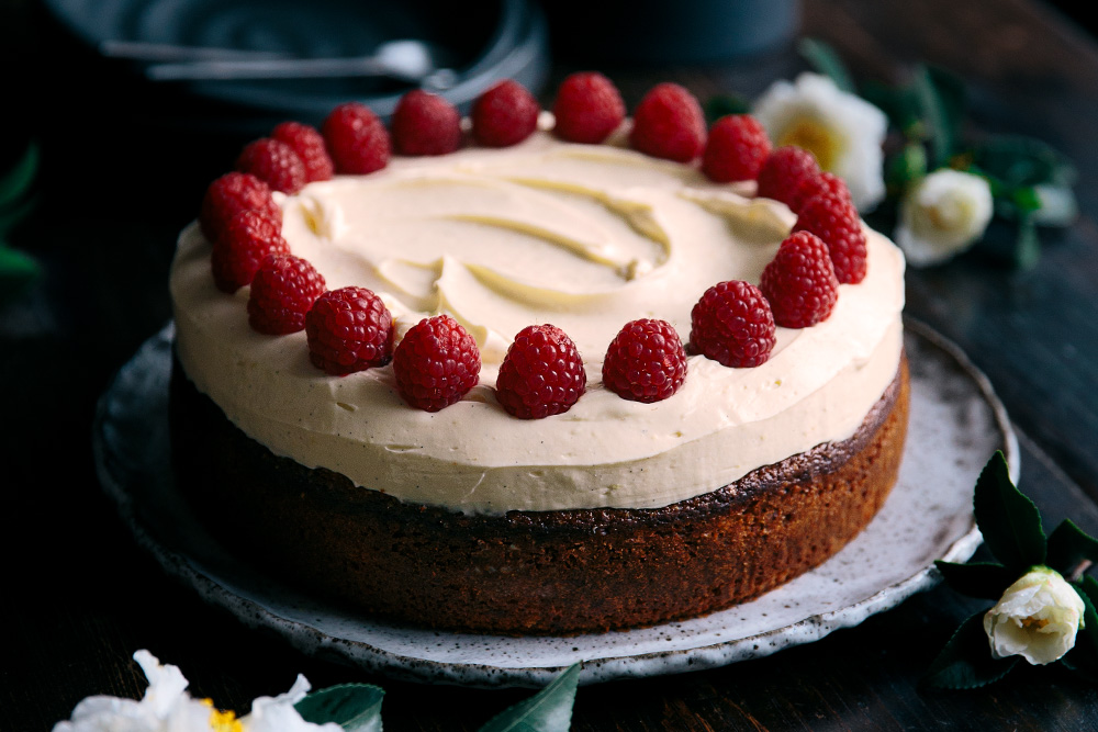 Lemon Snack Cake with Raspberry-Cream Cheese Frosting