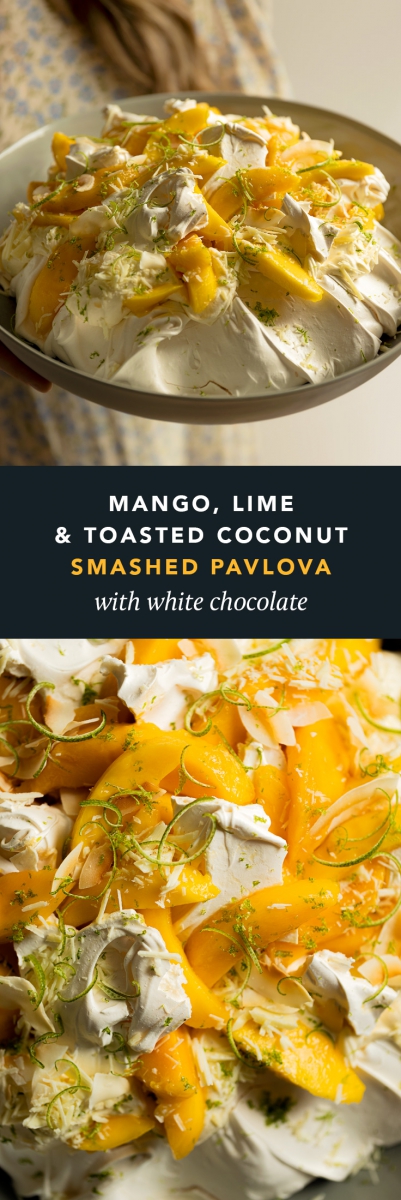 Mango, Lime & Toasted Coconut Smashed Pavlova with White Chocolate  |  Gather & Feast
