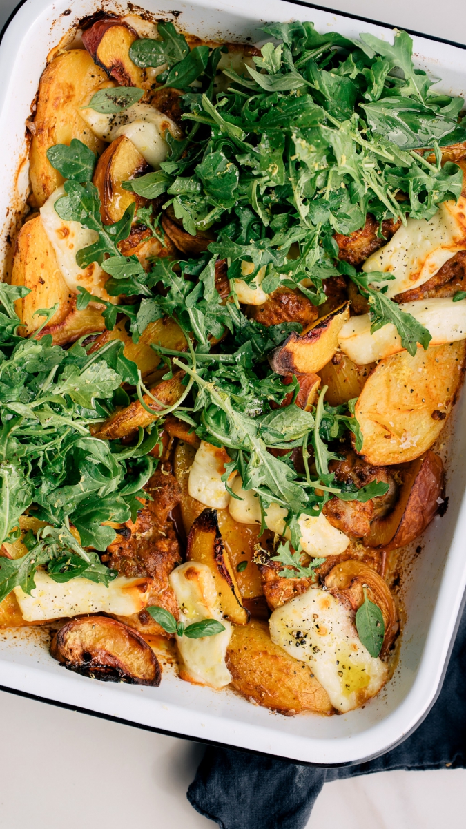 One-Pan Smokey Baked Chicken with Halloumi & Peaches  |  Gather & Feast
