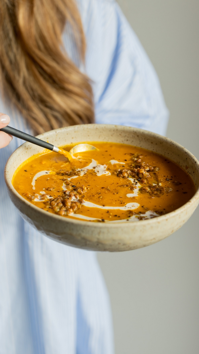 Pumpkin, Sweet Potato & Lentil Soup topped with Garlicky Olive Oil Lentils