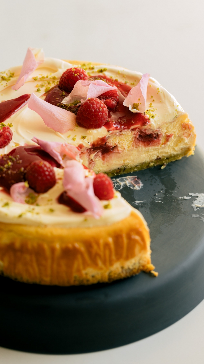 Raspberry, Rose & Vanilla Cheesecake with Pistachio Rose Crust  |  Gather & Feast