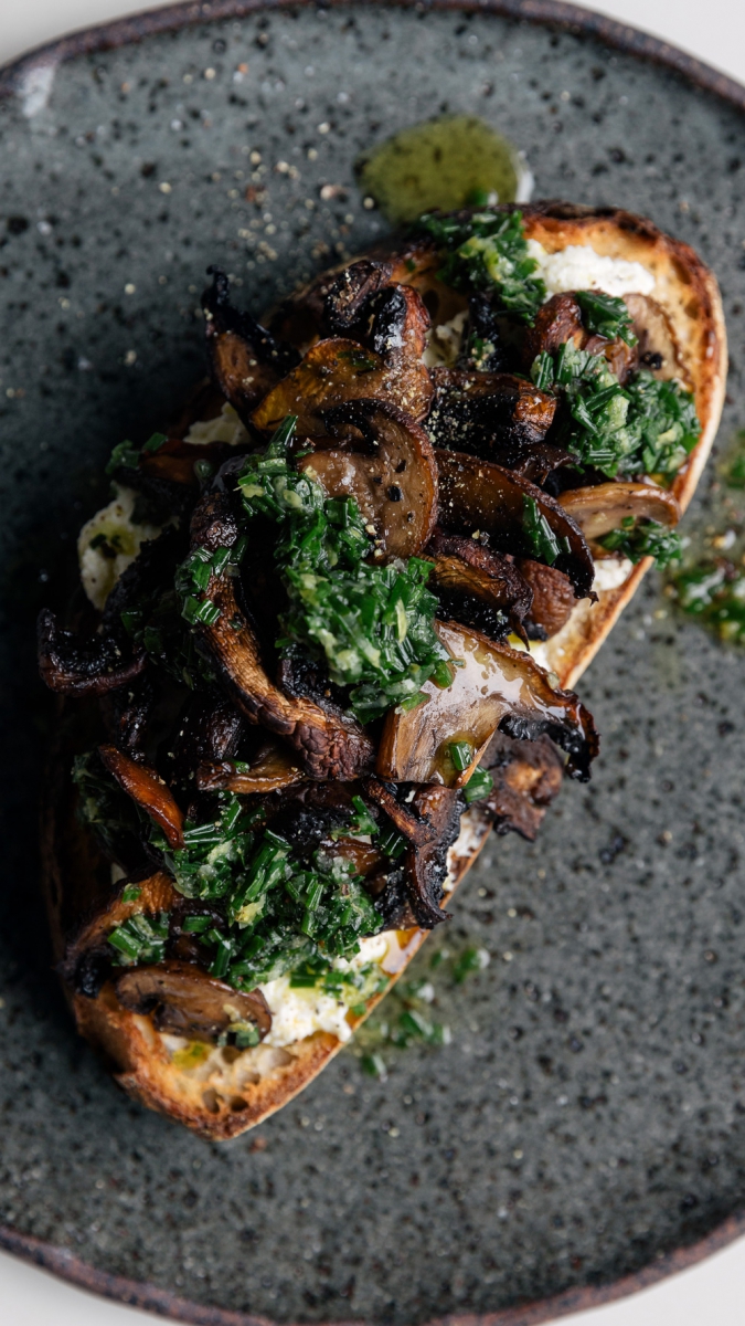 Roasted Tangy Mushrooms on Toast with Ricotta & a Chunky Chive Oil | Gather & Feast