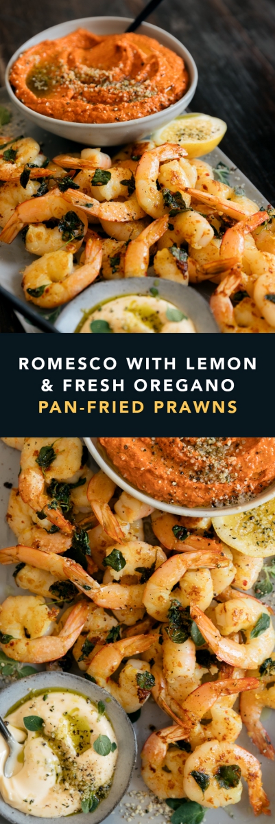 Romesco with Lemon & Fresh Oregano Pan-fried Prawns | Gather & Feast