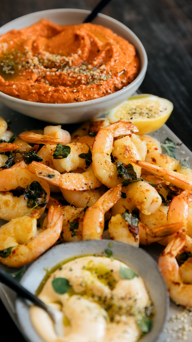 Romesco with Lemon & Fresh Oregano Pan-fried Prawns | Gather & Feast