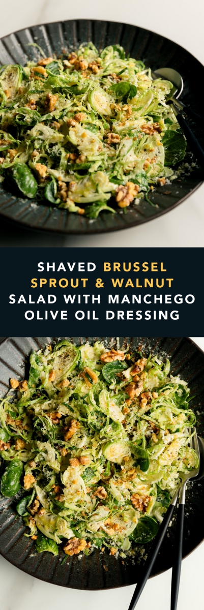 Shaved Brussel Sprout & Walnut Salad with Manchego Olive Oil Dressing | Gather & Feast