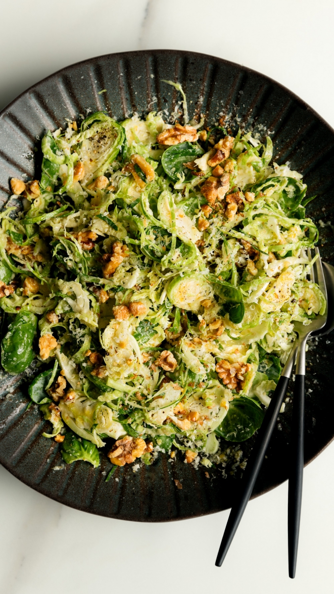 Shaved Brussel Sprout & Walnut Salad with Manchego Olive Oil Dressing | Gather & Feast