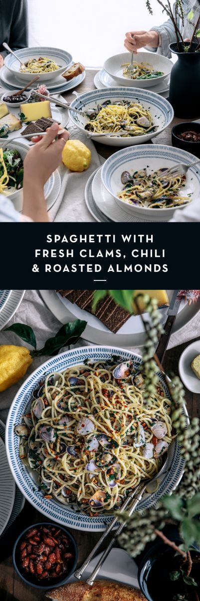 Spaghetti with Fresh Clams, Chili & Roasted Almonds  |  Gather & Feast