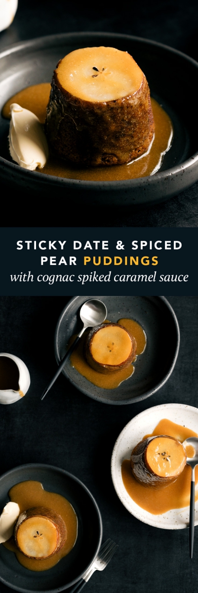 Sticky Date & Spiced Pear Puddings with Cognac Spiked Caramel Sauce  |  Gather & Feast