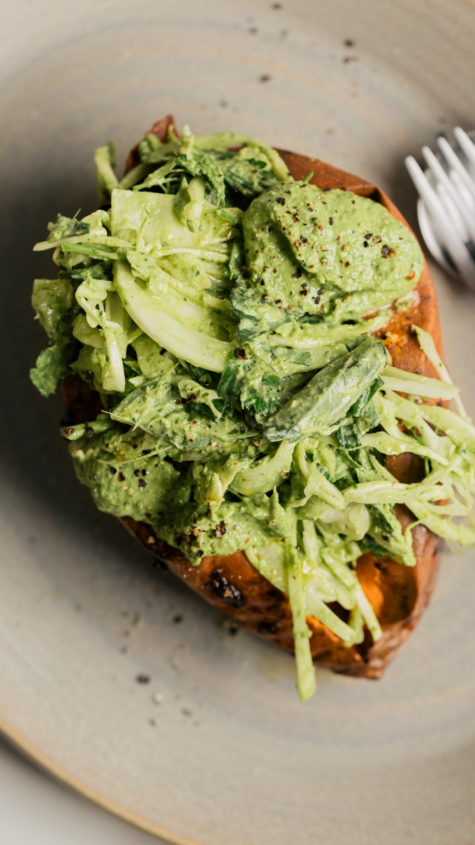 Super Green Loaded Baked Potatoes with a Creamy Green Tahini Dressing  |  Gather & Feast