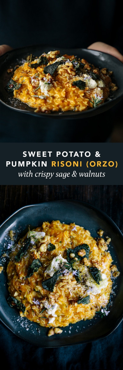 Sweet Potato & Pumpkin Risoni (Orzo) with Crispy Sage & Walnuts  |  Gather & Feast