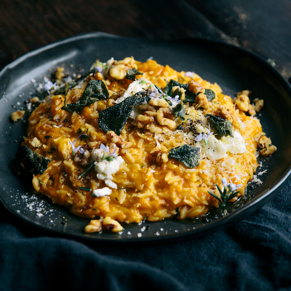 Sweet Potato & Pumpkin Risoni (Orzo) with Crispy Sage & Walnuts  |  Gather & Feast