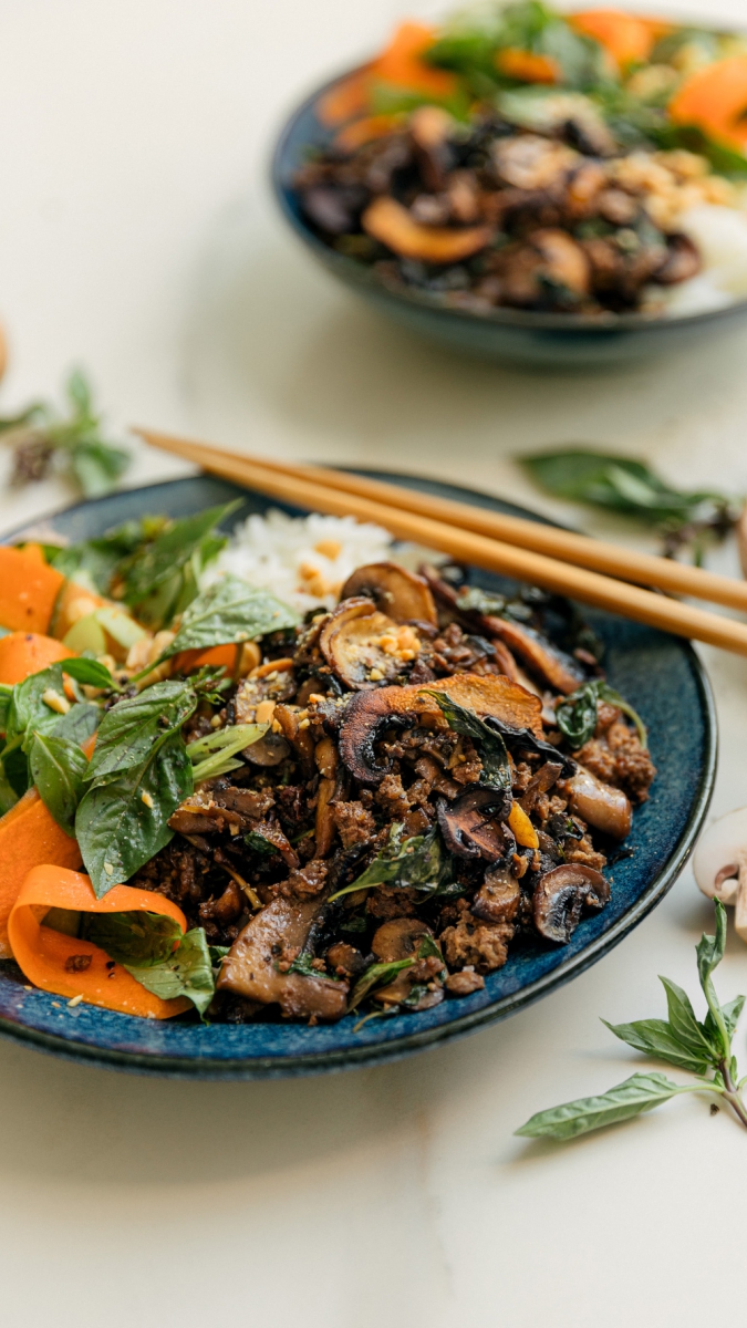 Thai Basil Beef & Mushroom Bowls | Gather & Feast