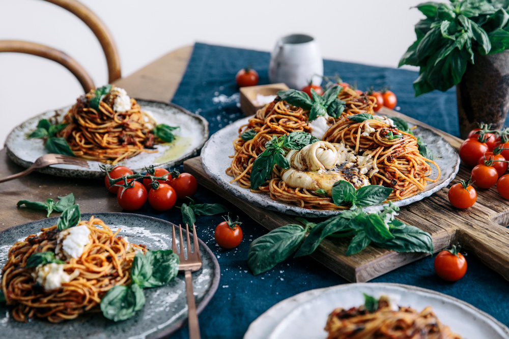 Tomato & Balsamic Spaghetti with Fresh Basil & Burrata  |  Gather & Feast