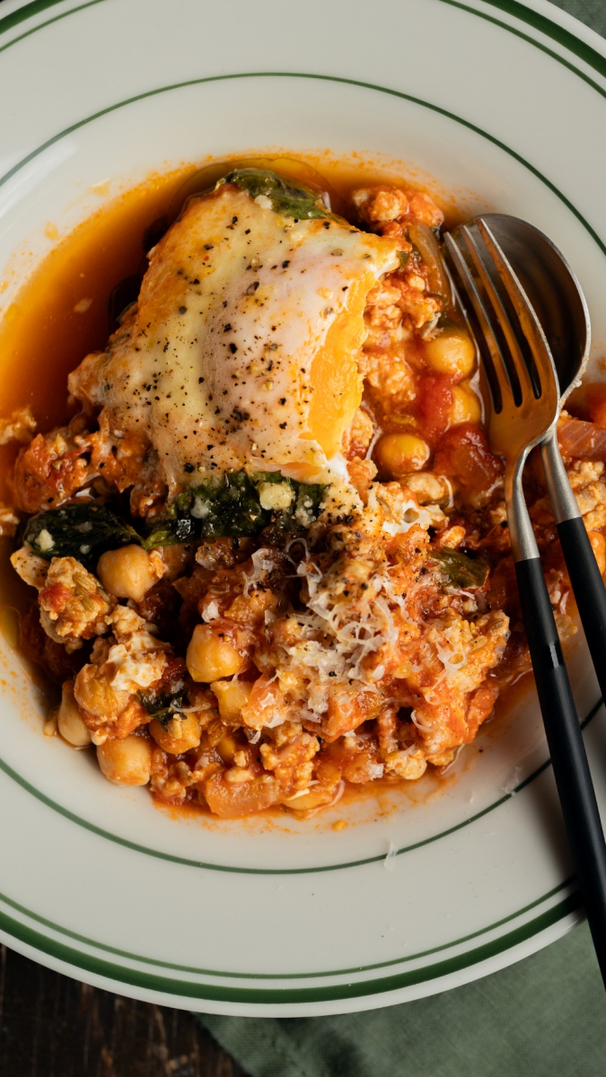 Tomato, Basil, Chicken & Chickpea One-Pan Sauce with Baked Eggs