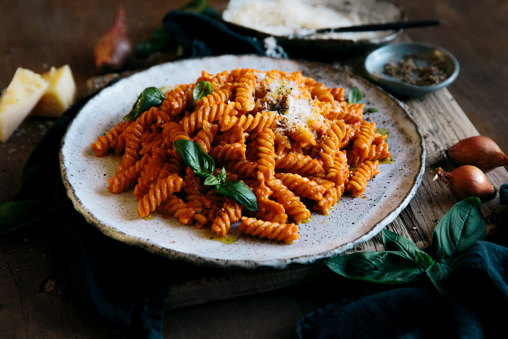 Tomato Vodka Fusilli with Fresh Basil  |  Gather & Feast