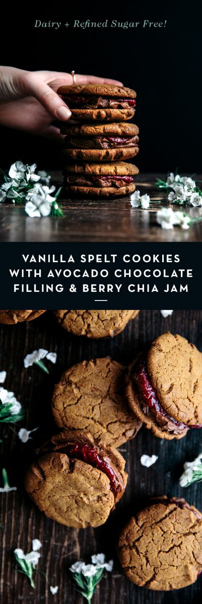 Vanilla Spelt Cookies with Avocado Chocolate Filling & Berry Chia Jam  |  Gather & Feast