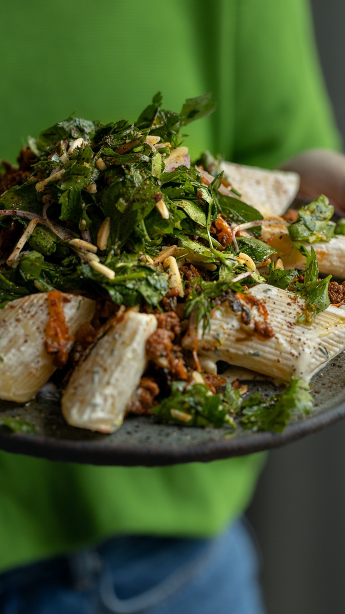 Yoghurt Pasta with Spiced Beef & Fresh Herb Shallot Salad | Gather & Feast