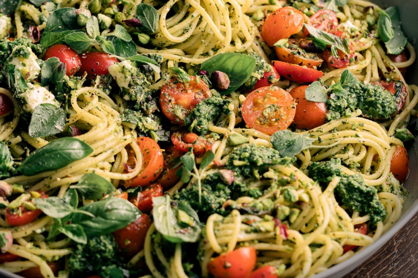 Basil Oregano Pistachio Pesto Spaghetti with Fresh Tomatoes