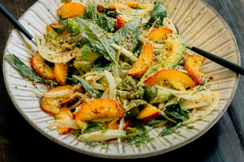 Pan Fried Barramundi with Smashed Green Olive Fennel Peach