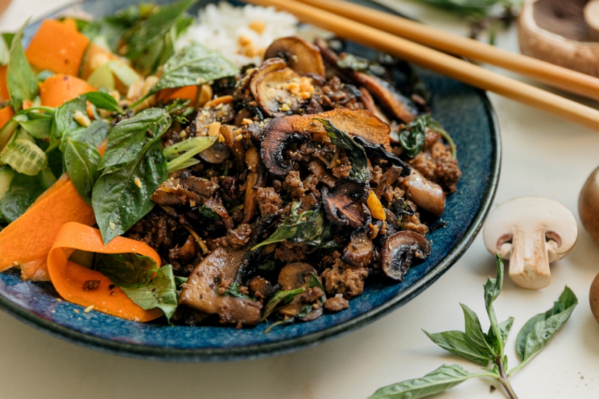 Thai Basil Beef Mushroom Bowls Gather Feast Recipes worth