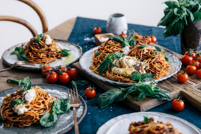 Tomato & Balsamic Spaghetti with Fresh Basil & Burrata | Gather & Feast ...