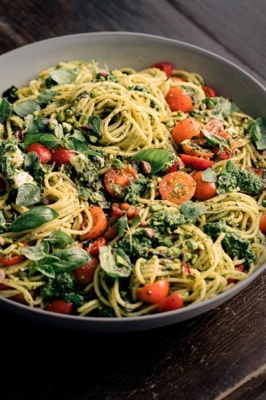 Basil Oregano Pistachio Pesto Spaghetti with Fresh Tomatoes Feta Lemon