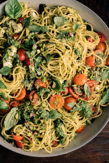 Basil Oregano Pistachio Pesto Spaghetti with Fresh Tomatoes