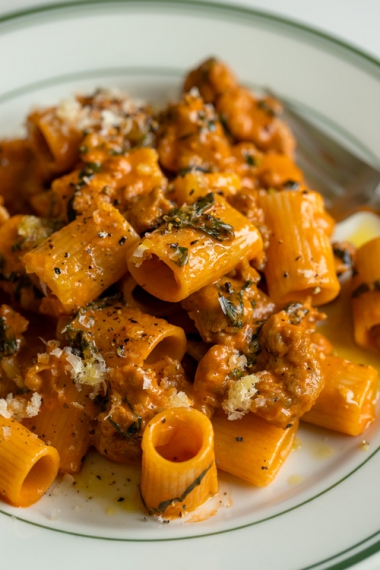 Creamy+Tomato%2C+Sausage+%26+Fennel+Mezze+Maniche+%7C+Gather+%26+Feast