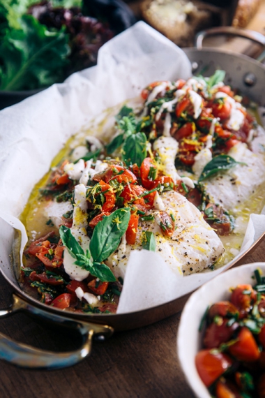 Baked Rockling with Tomato Basil Lemon Salsa with Creamy Cashew