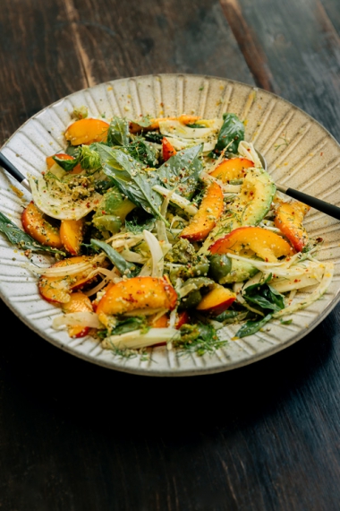 Pan Fried Barramundi with Smashed Green Olive Fennel Peach