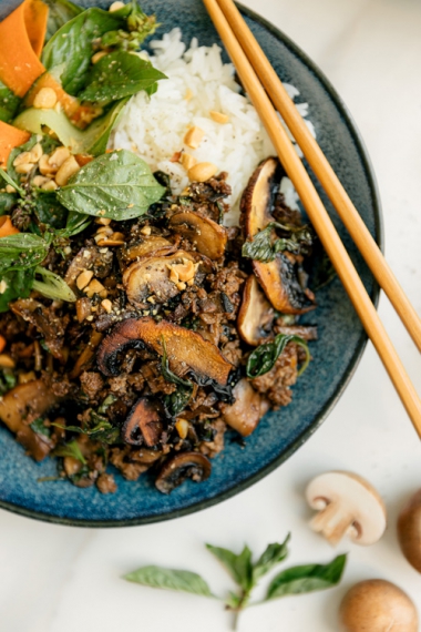 Thai Basil Beef Mushroom Bowls Gather Feast Recipes worth